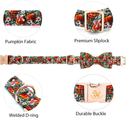 Fall Dog Collar, Halloween Pet Collars with Bow Cute Flower Pumpkin Print Puppy Collar Female or Male Cotton Adjustable Collars for Small Medium Large Dogs