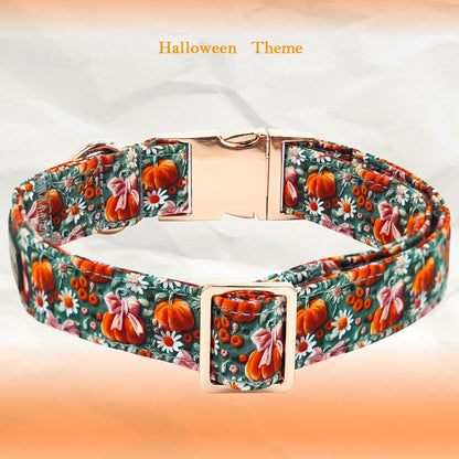 Fall Dog Collar, Halloween Pet Collars with Bow Cute Flower Pumpkin Print Puppy Collar Female or Male Cotton Adjustable Collars for Small Medium Large Dogs