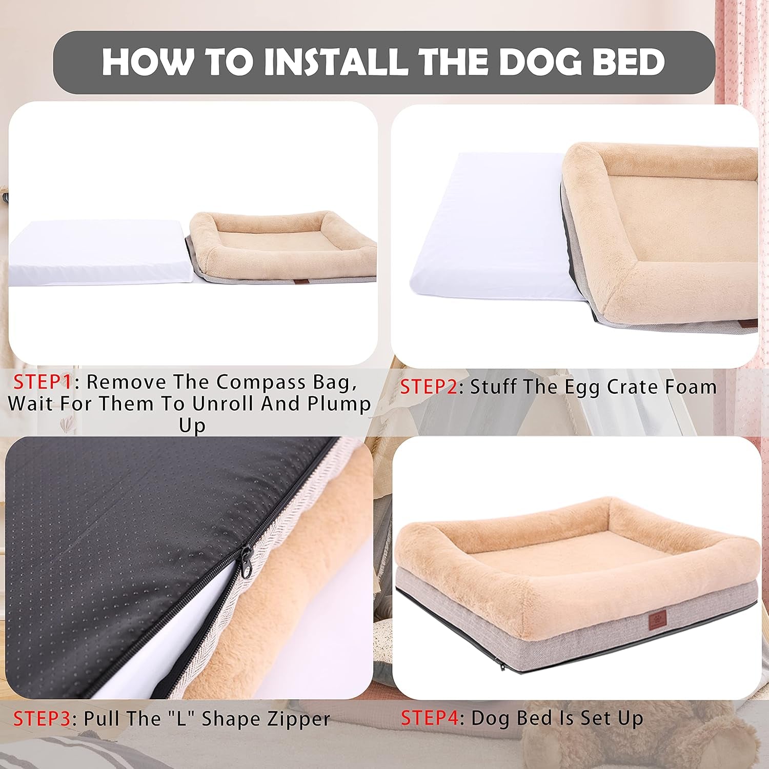 Orthopedic Dog Bed for Large & Medium Dogs, Waterproof Liner, Removable Washable Cover, Suitable for Crates & Couches