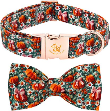 Fall Dog Collar, Halloween Pet Collars with Bow Cute Flower Pumpkin Print Puppy Collar Female or Male Cotton Adjustable Collars for Small Medium Large Dogs